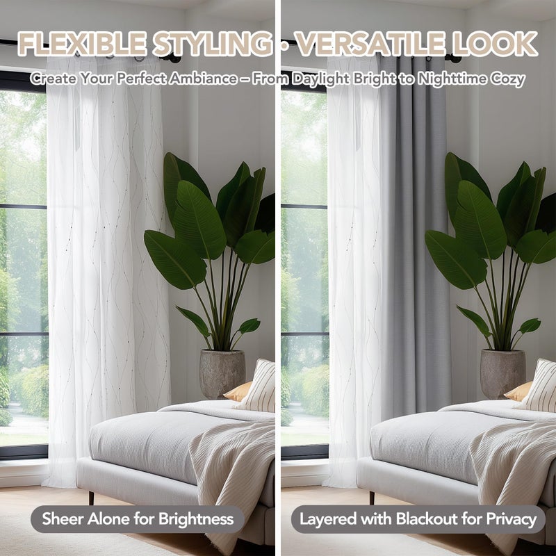 Deconovo Oeko-TEX Certified Sheer Foil Print Curtains – 2 Panels, Grommet Top – Elegant Light-Filtering Drapes for Living Room & Bedroom, Airy Privacy & Easy Care White & Silver Silver 52W x 96L Inch - Image 3
